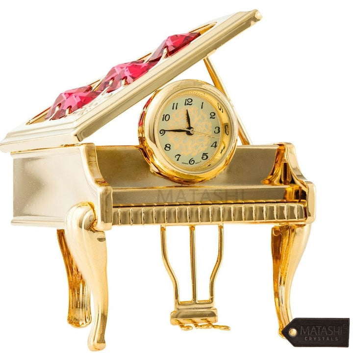 24K Gold Plated Vintage Piano Desk Clock with Red Crystals Image 1