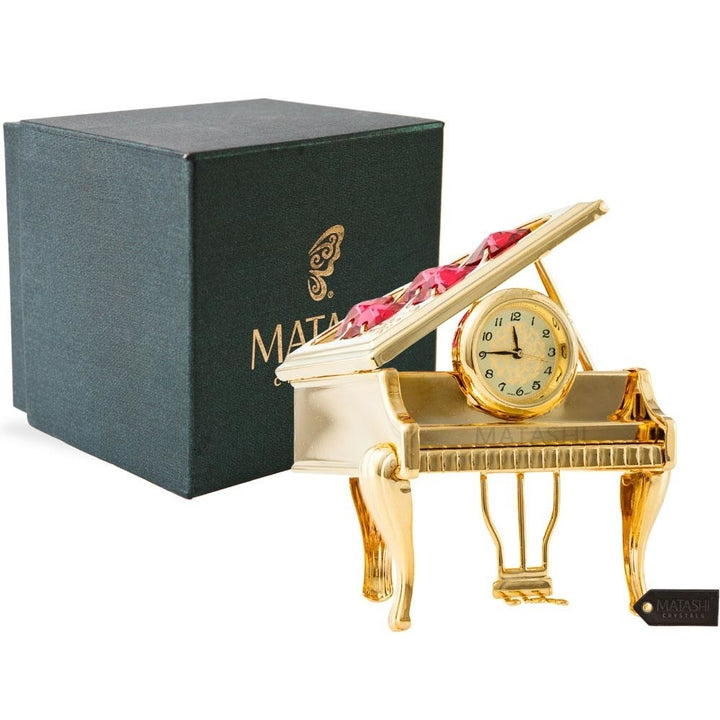 24K Gold Plated Vintage Piano Desk Clock with Red Crystals Image 2