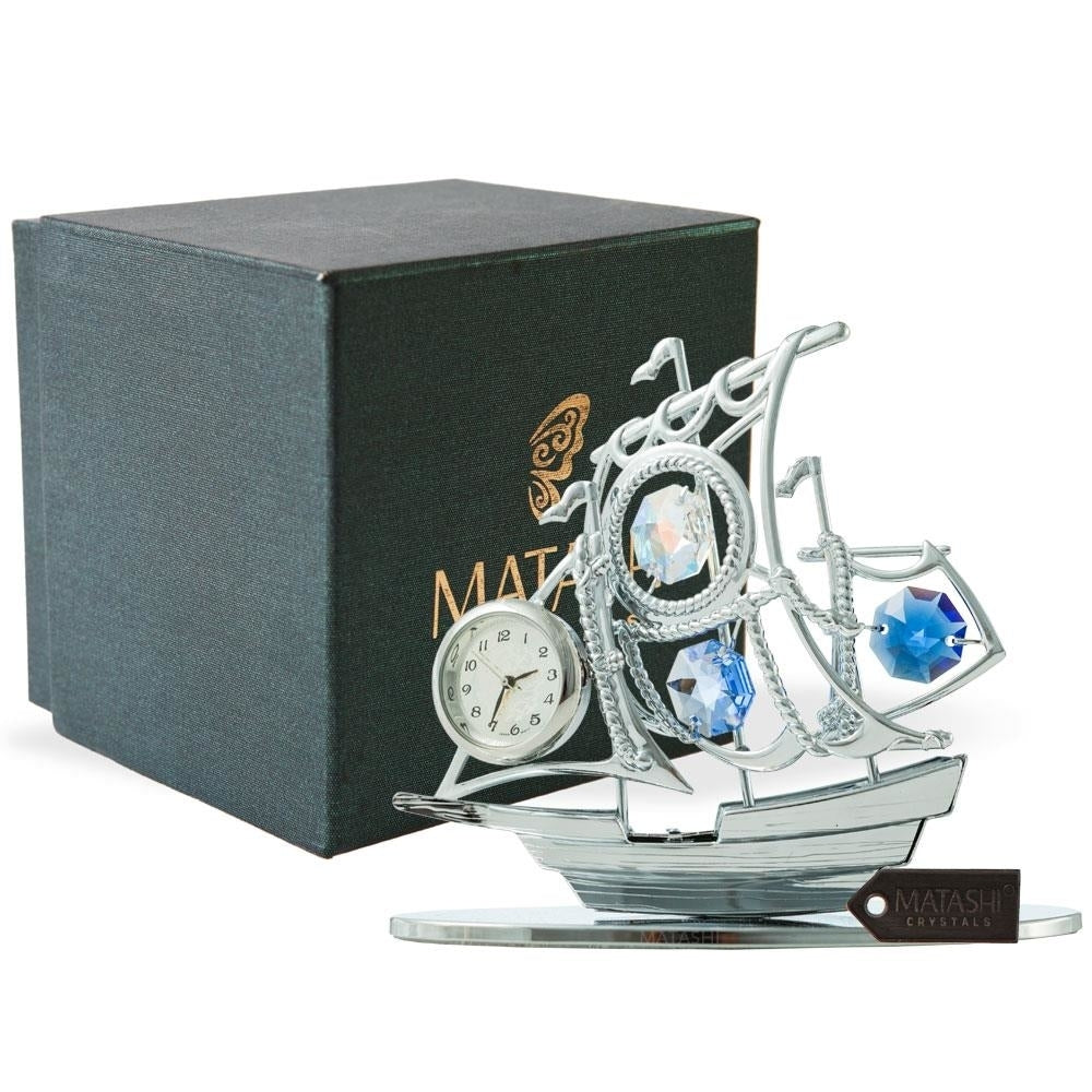 Chrome Plated Silver Sailboat Tabletop Ornament with Clock with Matashi Blue Crystals Precision Analog Time Keeping Image 2