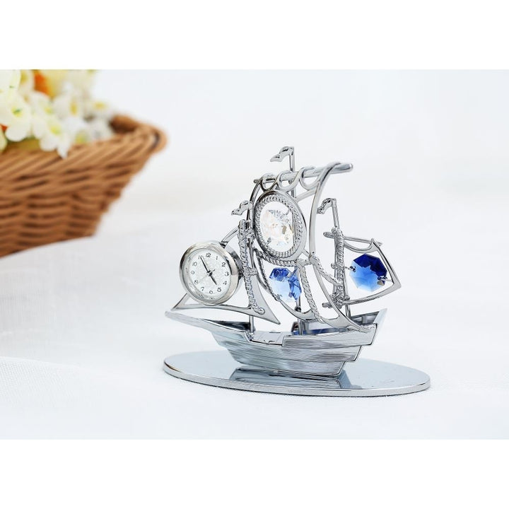 Chrome Plated Silver Sailboat Tabletop Ornament with Clock with Matashi Blue Crystals Precision Analog Time Keeping Image 3