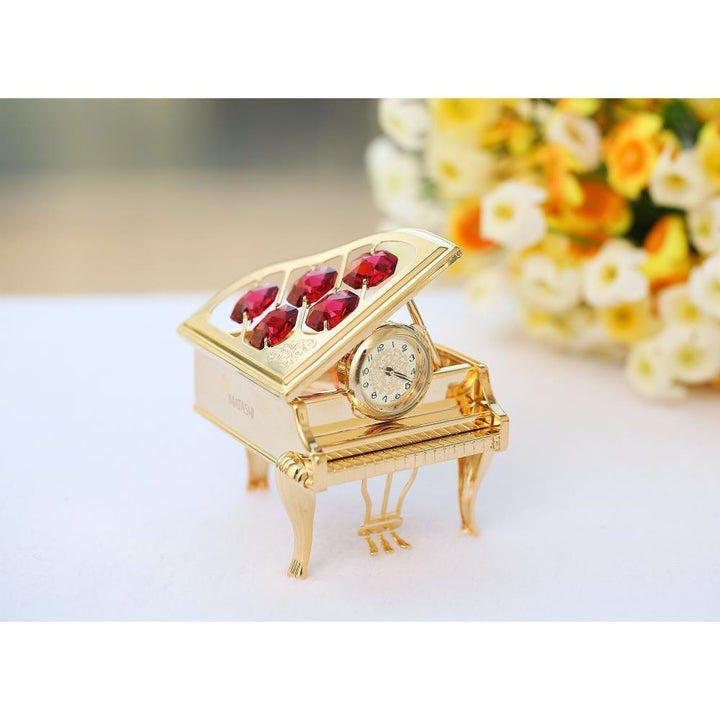 24K Gold Plated Vintage Piano Desk Clock with Red Crystals Image 3