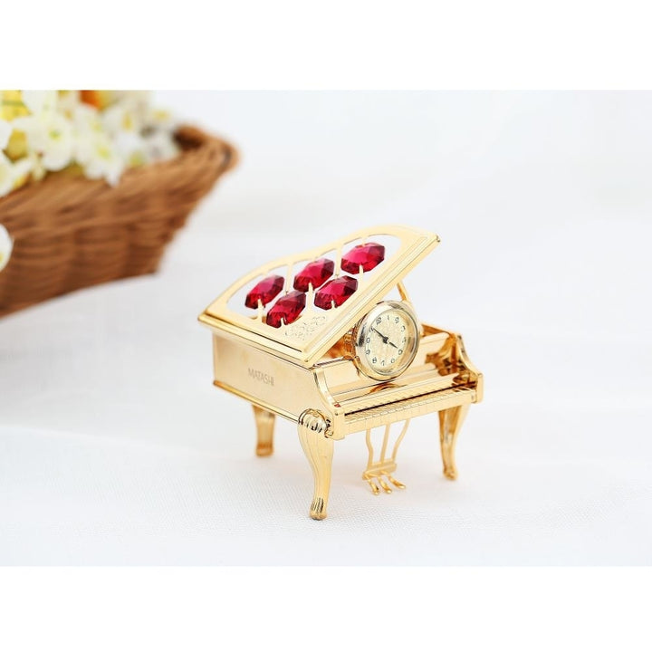 24K Gold Plated Vintage Piano Desk Clock with Red Crystals Image 4