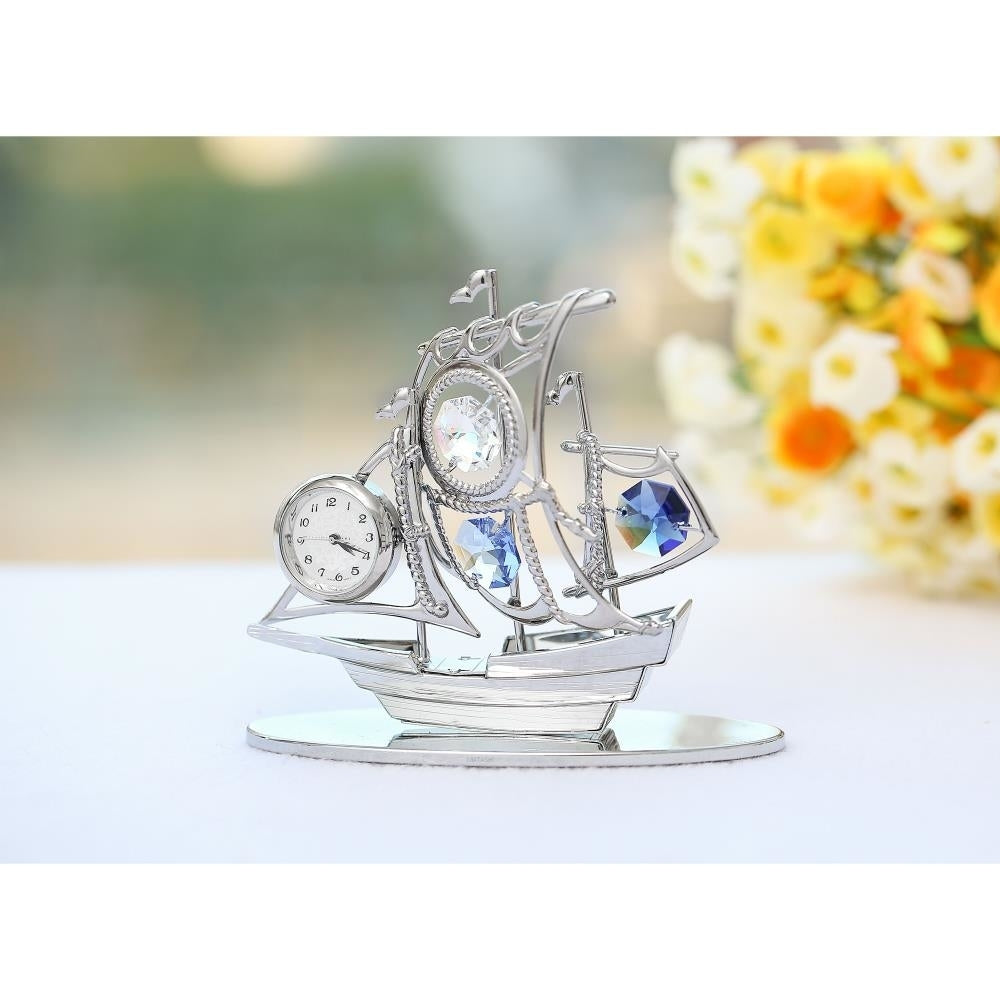 Chrome Plated Silver Sailboat Tabletop Ornament with Clock with Matashi Blue Crystals Precision Analog Time Keeping Image 4