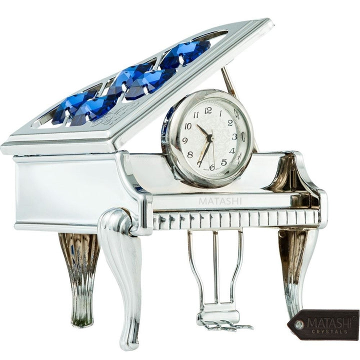 Chrome Plated Silver Vintage Piano Desk Clock with Blue Crystals Image 1