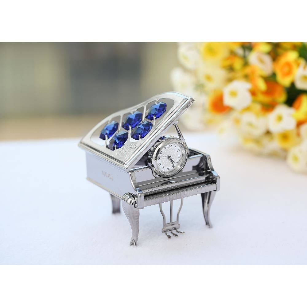 Chrome Plated Silver Vintage Piano Desk Clock with Blue Crystals Image 3