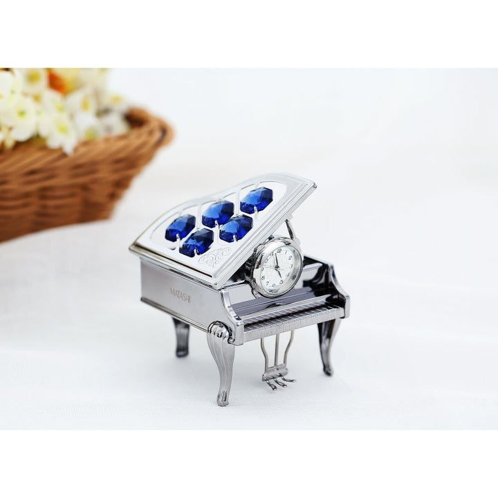 Chrome Plated Silver Vintage Piano Desk Clock with Blue Crystals Image 4