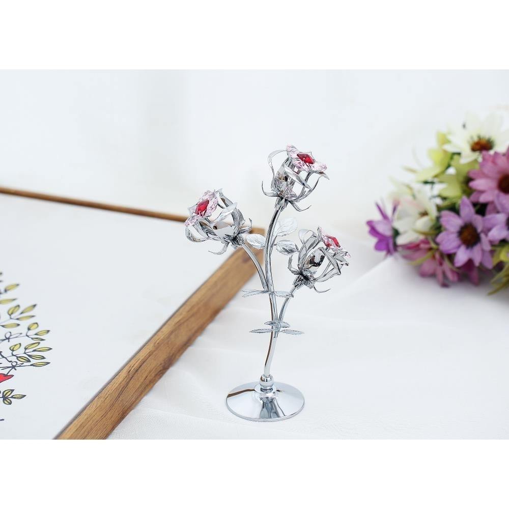 Chrome Plated Silver Rose Flower Tabletop Ornament w/ Red and Pink Matashi Crystals Metal Floral Arrangement Image 3