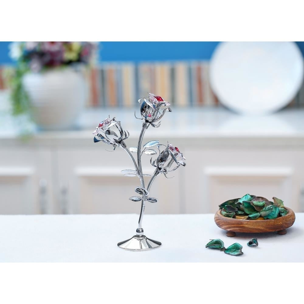 Chrome Plated Silver Rose Flower Tabletop Ornament w/ Red and Pink Matashi Crystals Metal Floral Arrangement Image 4