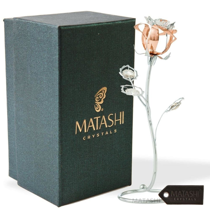 Chrome and Rose-Gold Plated Rose Flower Tabletop Ornament w/ Clear Matashi Crystals Long-Stem Elegant Craftsmanship Image 2