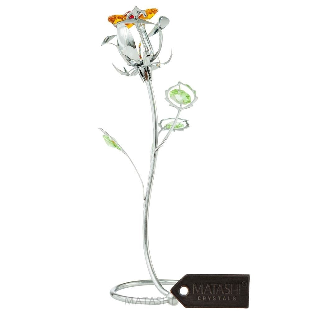 Chrome Plated Silver Rose Flower Tabletop Ornament w/ Red and Yellow Matashi Crystals Long-Stem   Elegant Image 1