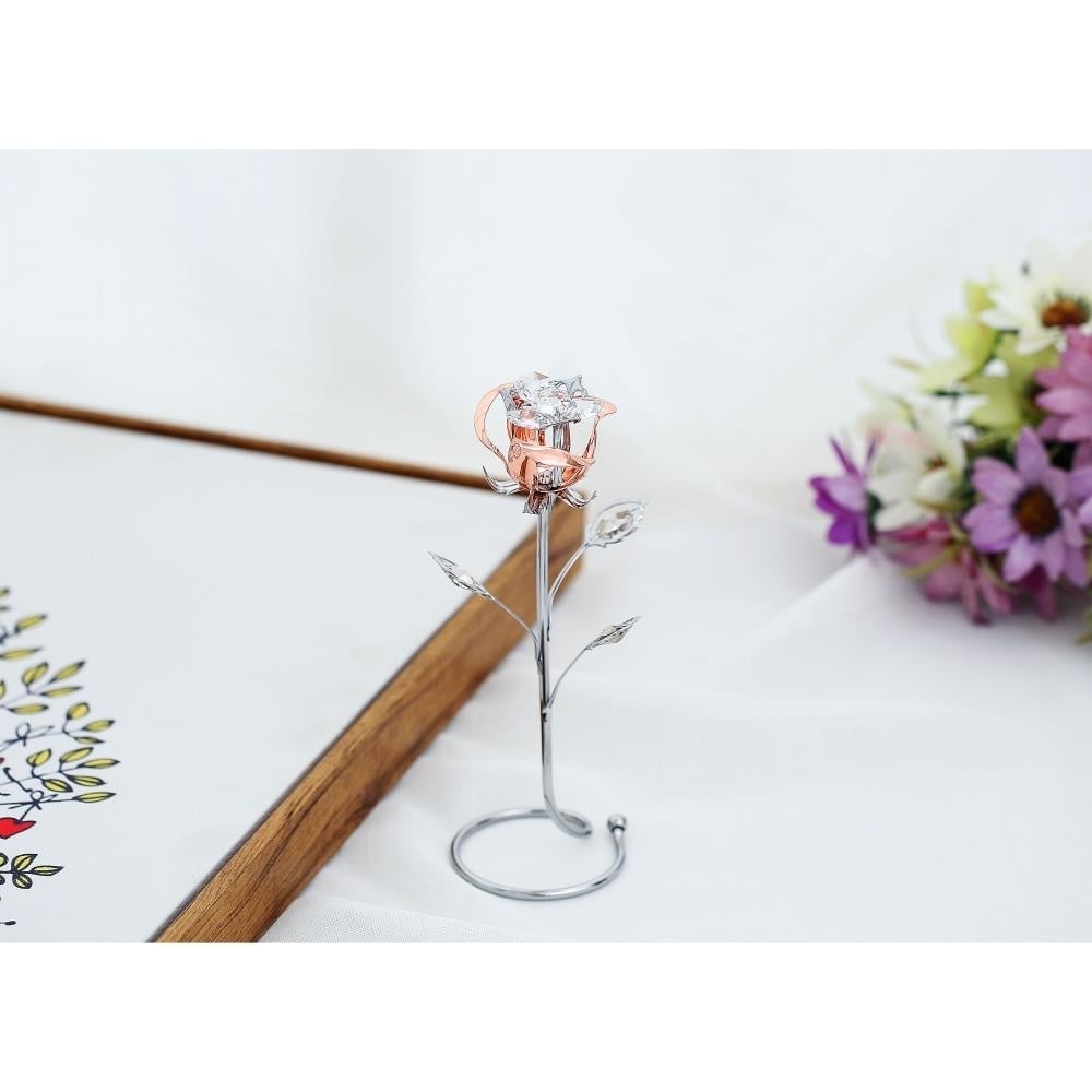 Chrome and Rose-Gold Plated Rose Flower Tabletop Ornament w/ Clear Matashi Crystals Long-Stem Elegant Craftsmanship Image 3