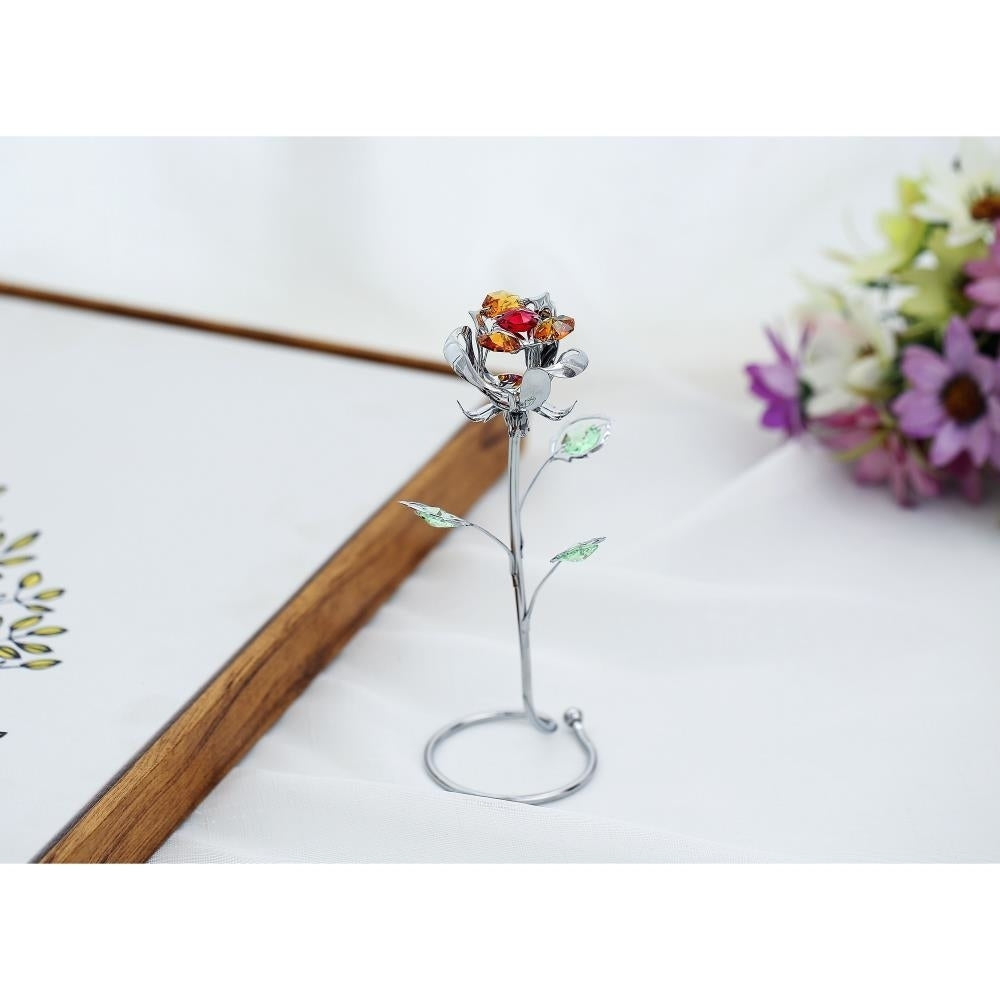 Chrome Plated Silver Rose Flower Tabletop Ornament w/ Red and Yellow Matashi Crystals Long-Stem   Elegant Image 3