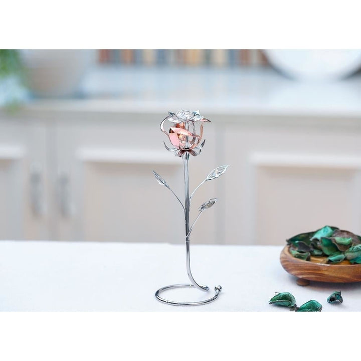 Chrome and Rose-Gold Plated Rose Flower Tabletop Ornament w/ Clear Matashi Crystals Long-Stem Elegant Craftsmanship Image 4