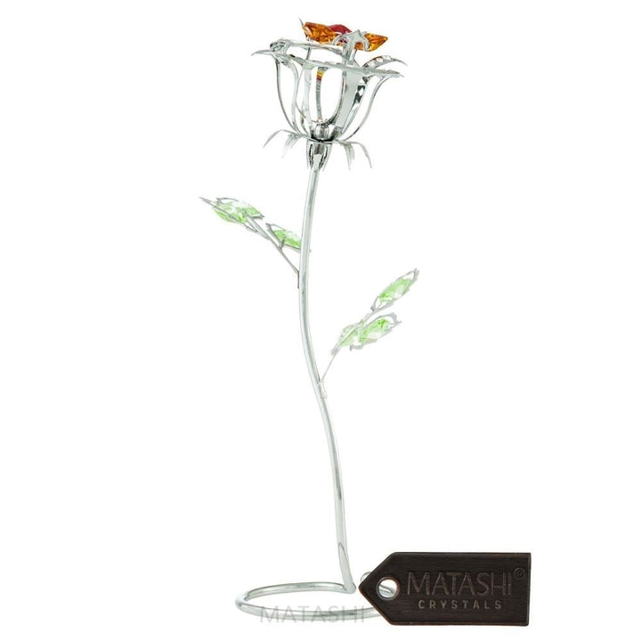 Chrome Plated Silver Rose Flower Tabletop Ornament w/ Red Orange and Green Matashi Crystals Metal Floral Arrangement Image 1