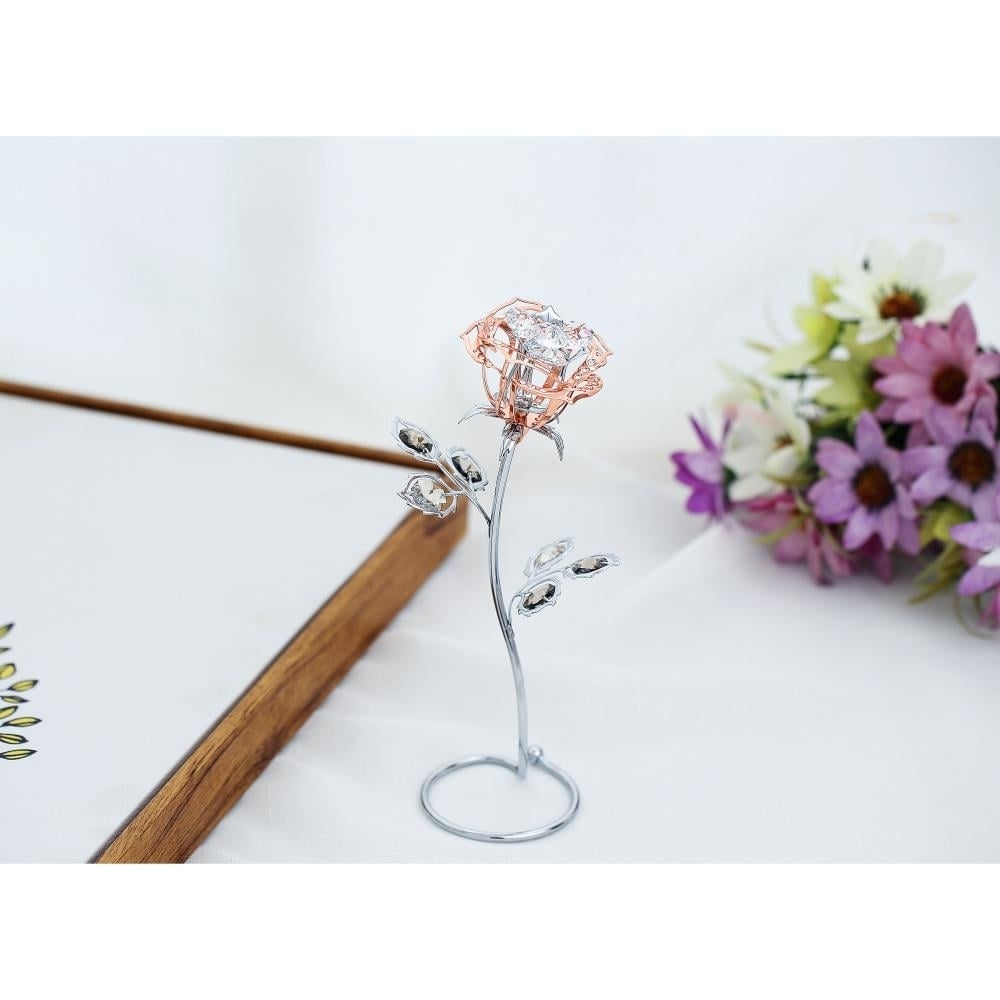 Rose Gold and Chrome Plated Silver Rose Flower Tabletop Ornament with Clear and Golden Teak Crystals Image 3