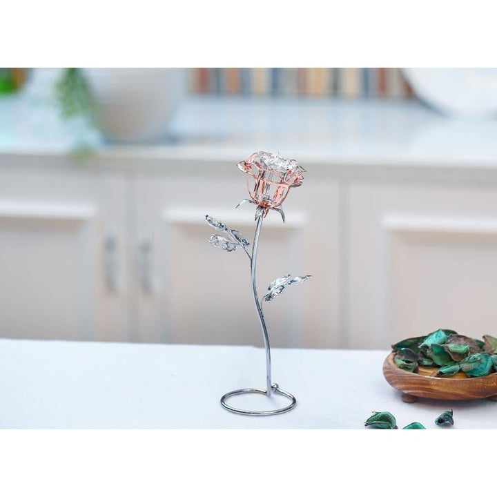 Rose Gold and Chrome Plated Silver Rose Flower Tabletop Ornament with Clear and Golden Teak Crystals Image 4