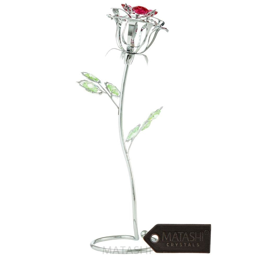 Chrome Plated Silver Rose Flower Tabletop Ornament w/ Red and Green Matashi Crystals Metal Floral Arrangement Image 1