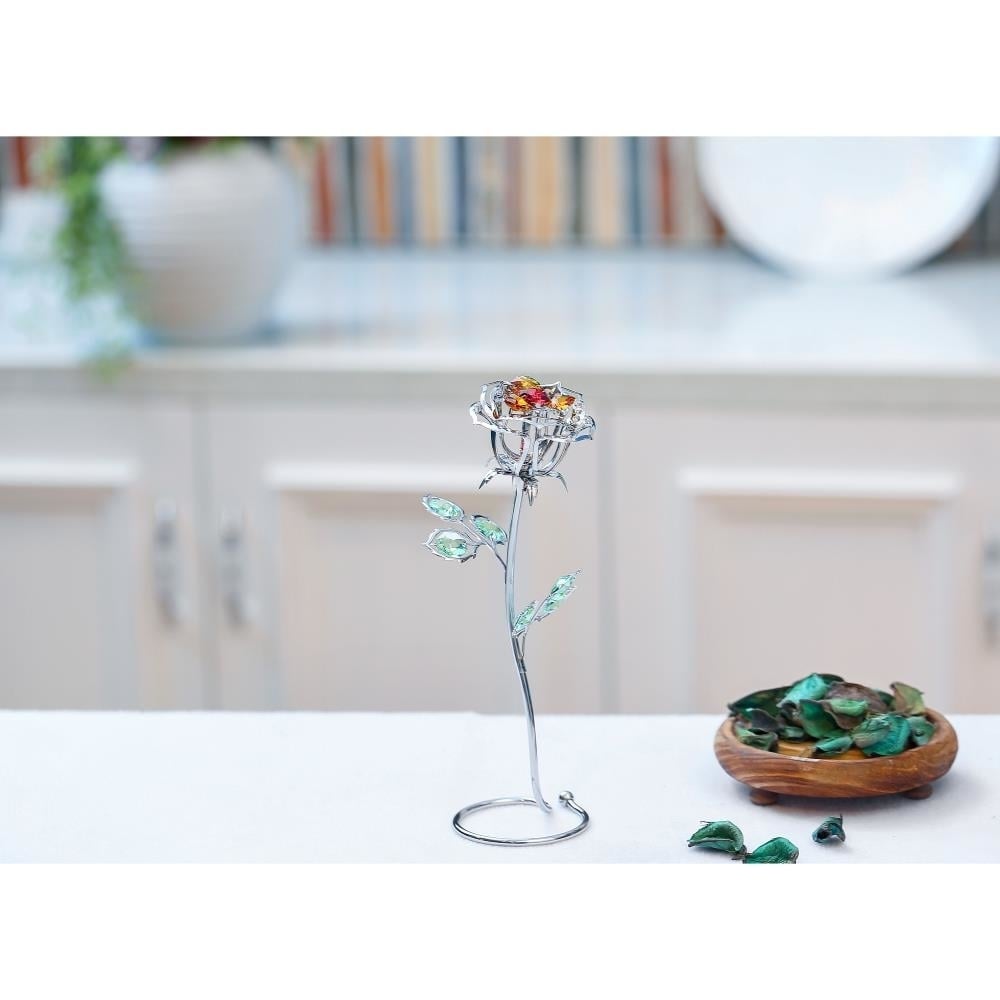 Chrome Plated Silver Rose Flower Tabletop Ornament w/ Red Orange and Green Matashi Crystals Metal Floral Arrangement Image 4