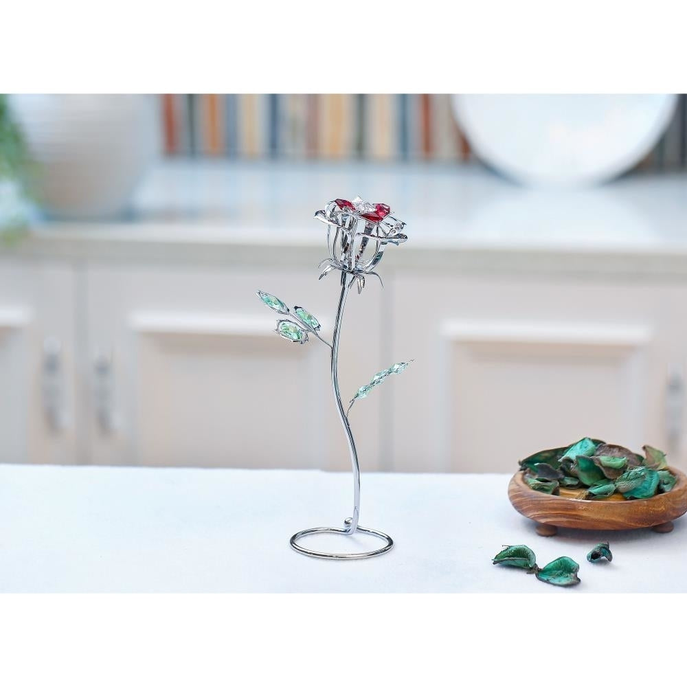 Chrome Plated Silver Rose Flower Tabletop Ornament w/ Red and Green Matashi Crystals Metal Floral Arrangement Image 4