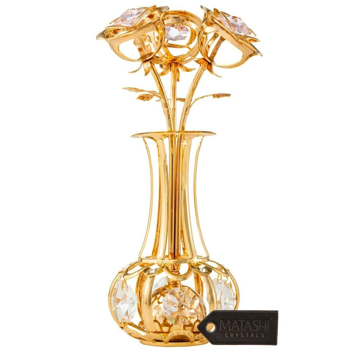 24k Gold Plated Flowers Bouquet and Vase w/ Pink and Clear Matashi Crystals 24k Gold-Plated Table Top Decorations Image 1