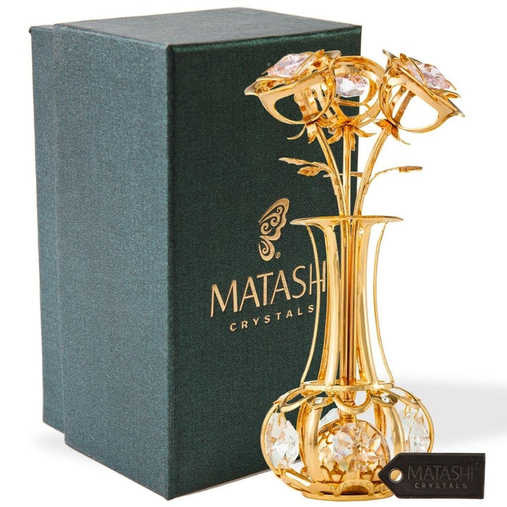 24k Gold Plated Flowers Bouquet and Vase w/ Pink and Clear Matashi Crystals 24k Gold-Plated Table Top Decorations Image 2