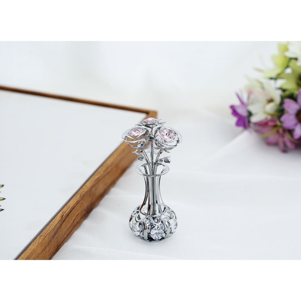 Chrome Plated Silver Flowers Bouquet and Vase w/ Pink and Clear Matashi Crystals Chrome-Plated Table Top Decorations Image 3