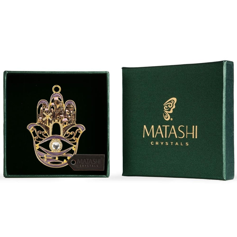 Hanging Hamsa Purple City Ornament w/ Matashi Crystals (Pewter) Traditional Hamsa Decoration Gold-Plated Finish Image 1