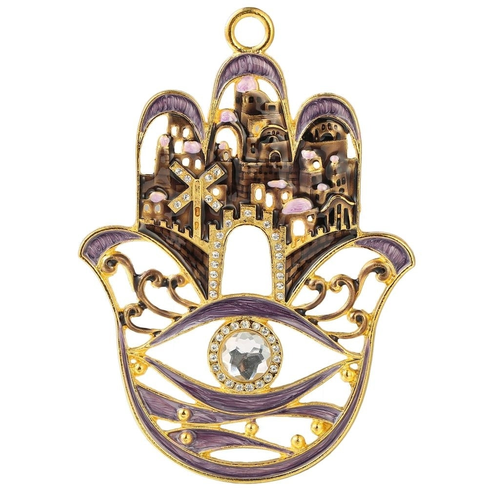 Hanging Hamsa Purple City Ornament w/ Matashi Crystals (Pewter) Traditional Hamsa Decoration Gold-Plated Finish Image 2