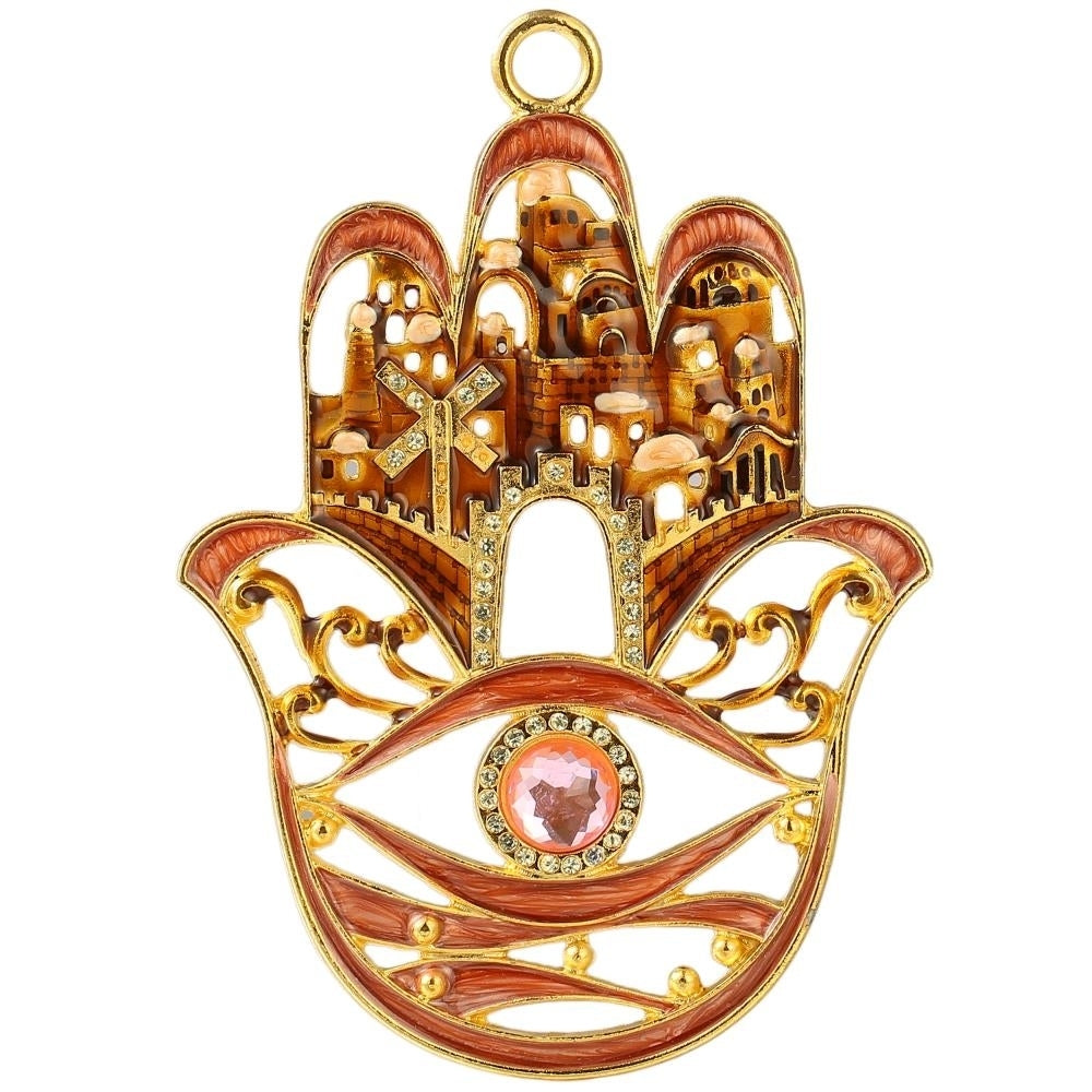 Hanging Hamsa Red City Ornament w/ Matashi Crystals (Pewter) Traditional Hamsa Decoration Gold-Plated Finish Image 2