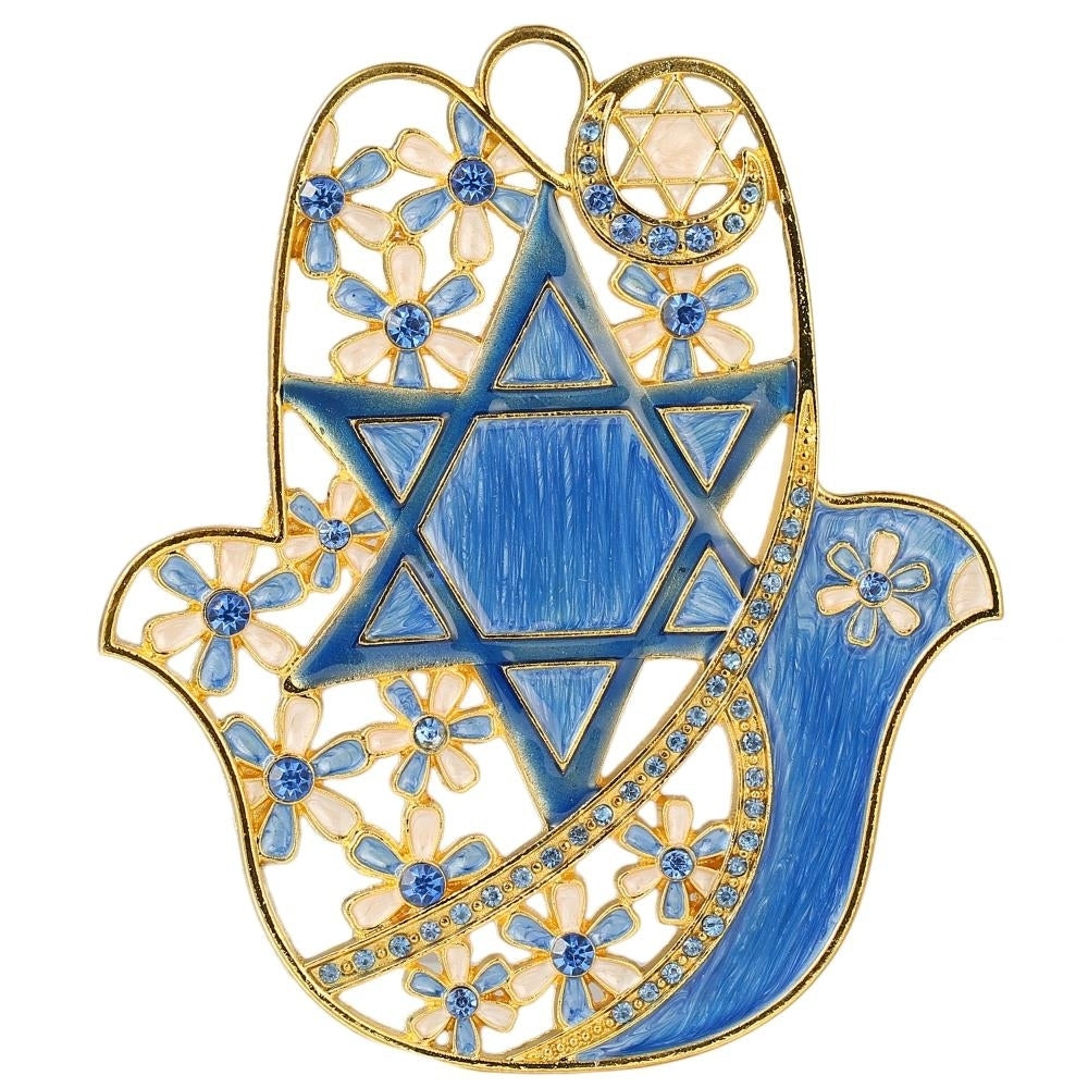 Hanging Hamsa Dove and Flowers with Star of David Ornament w/ Matashi Crystals (Pewter) Traditional Hamsa Decoration Image 2