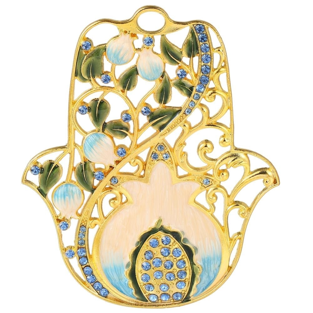 Hanging Hamsa Pomegranate Ornament w/ Matashi Crystals (Pewter) Traditional Hamsa Decoration Gold-Plated Finish Image 2