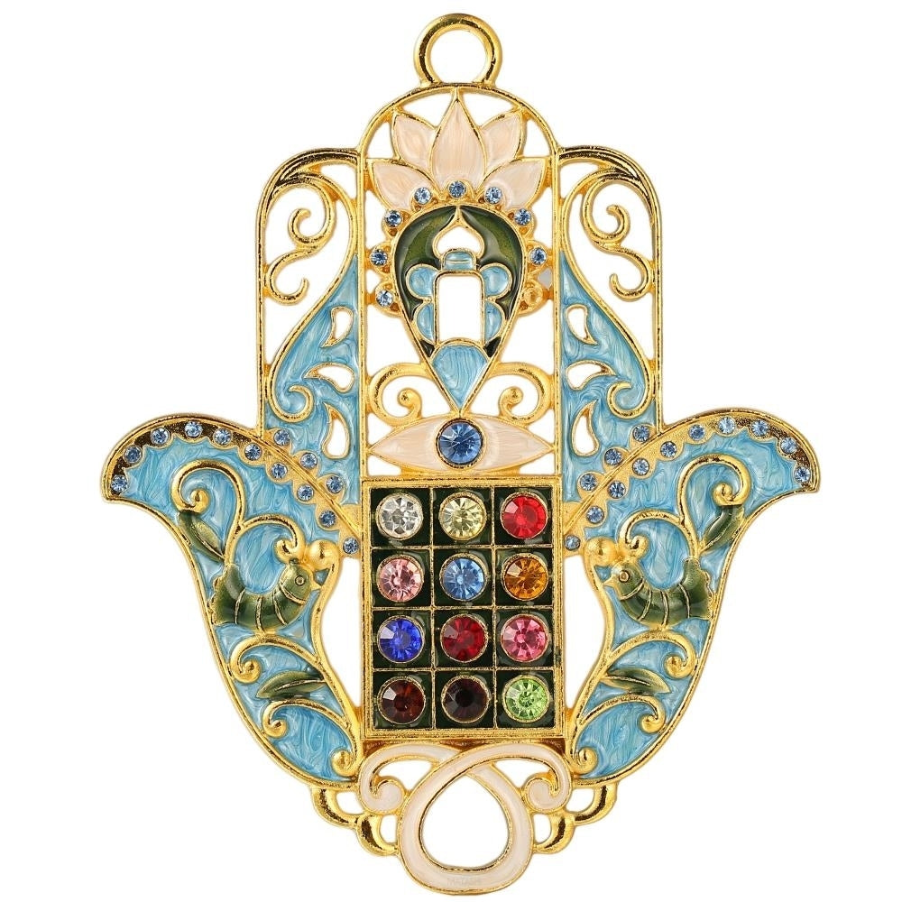 Hanging Hamsa Priestly Breastplate Ornament w/ Matashi Crystals (Pewter) Traditional Hamsa Decoration Gold-Plated Image 2