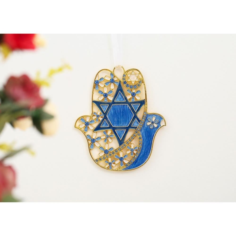 Hanging Hamsa Dove and Flowers with Star of David Ornament w/ Matashi Crystals (Pewter) Traditional Hamsa Decoration Image 4