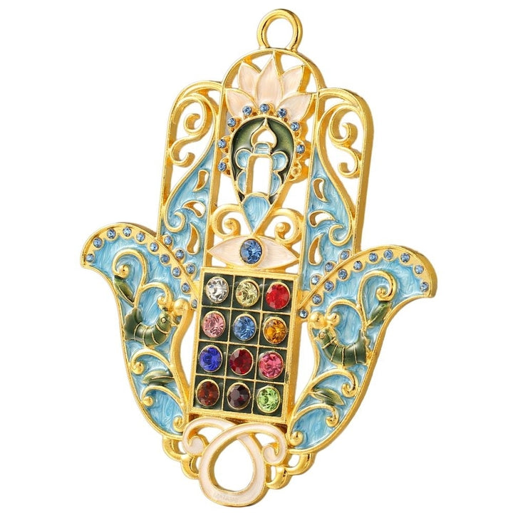 Hanging Hamsa Priestly Breastplate Ornament w/ Matashi Crystals (Pewter) Traditional Hamsa Decoration Gold-Plated Image 3