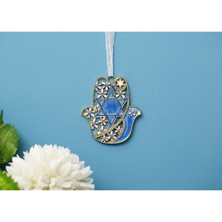 Hanging Hamsa Dove and Flowers with Star of David Ornament w/ Matashi Crystals (Pewter) Traditional Hamsa Decoration Image 5