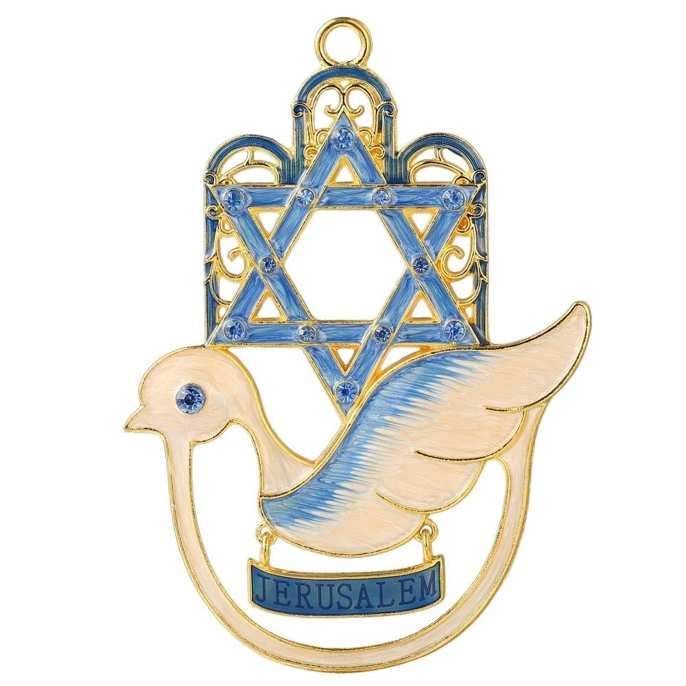 Hanging Dove Hamsa Ornament w/ Matashi Crystals (Pewter) Traditional Hamsa Decoration Gold-Plated Finish Image 2