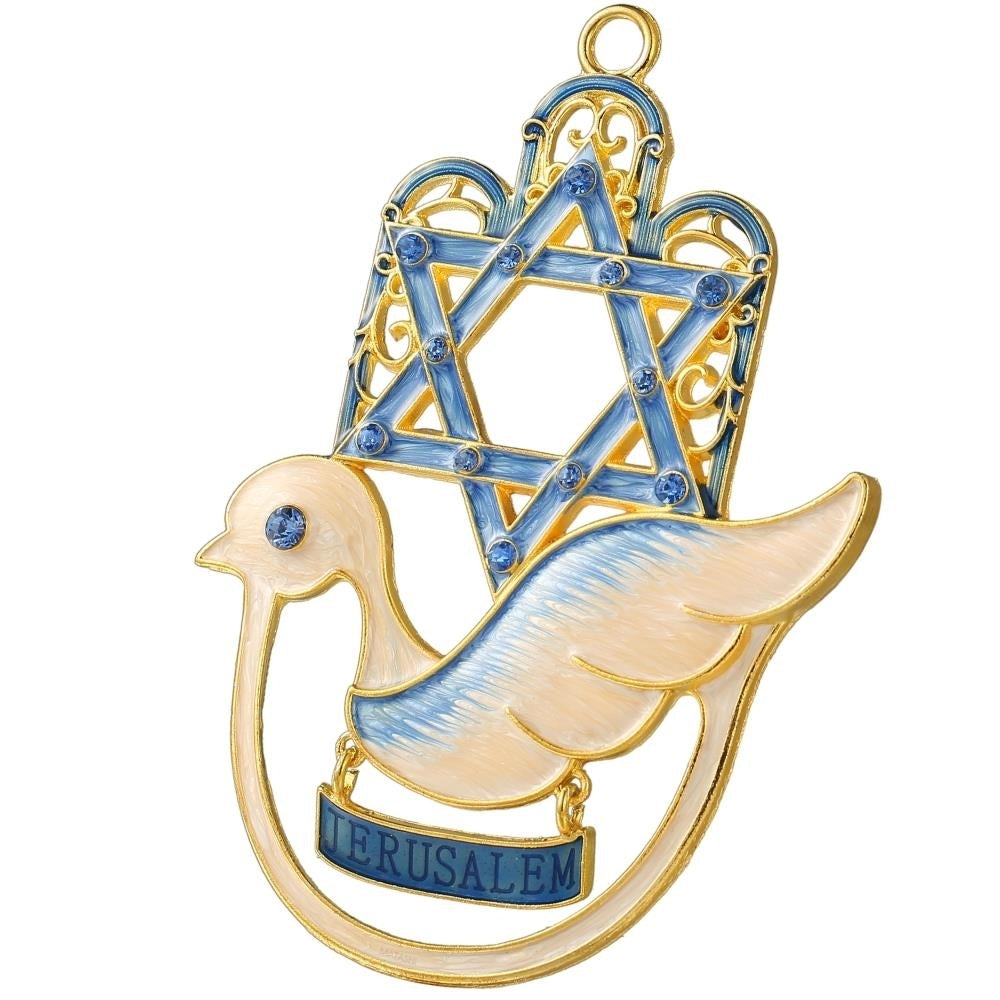 Hanging Dove Hamsa Ornament w/ Matashi Crystals (Pewter) Traditional Hamsa Decoration Gold-Plated Finish Image 3