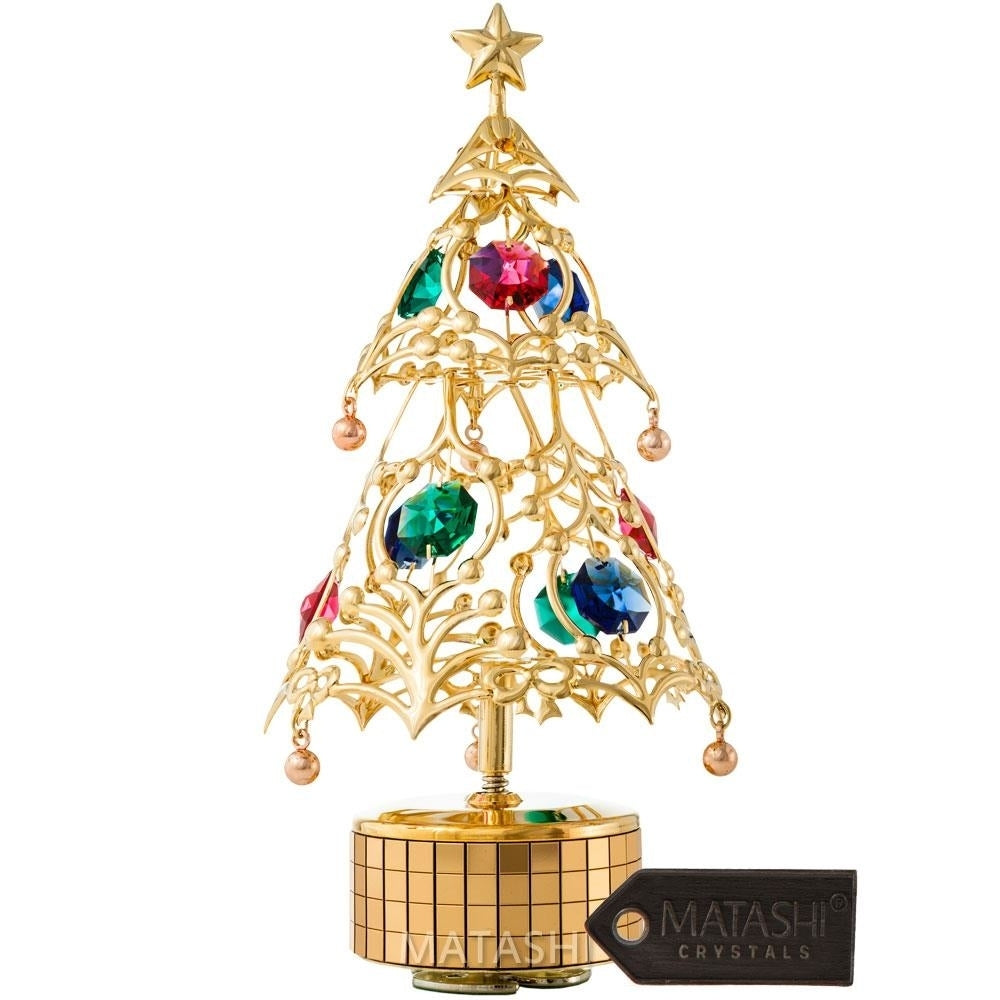 24K Gold Plated Christmas Tree Wind-Up Music Box Table Top Ornament With Matashi Crystals - Deck the Halls Image 1