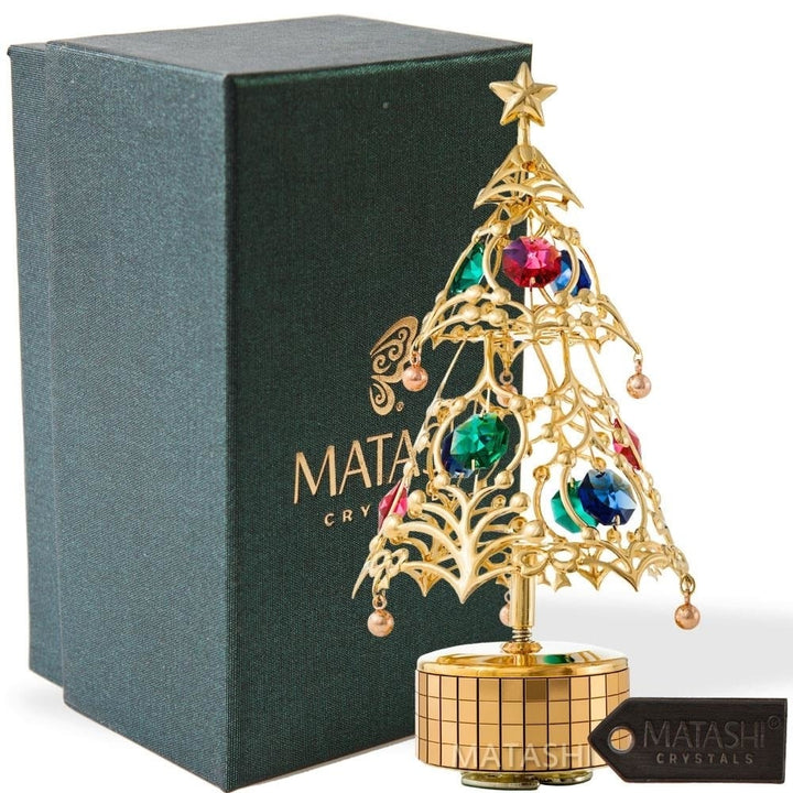 24K Gold Plated Christmas Tree Wind-Up Music Box Table Top Ornament With Matashi Crystals - Deck the Halls Image 2