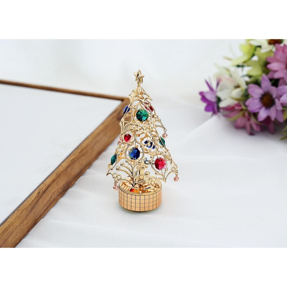 24K Gold Plated Christmas Tree Wind-Up Music Box Table Top Ornament With Matashi Crystals - Deck the Halls Image 3