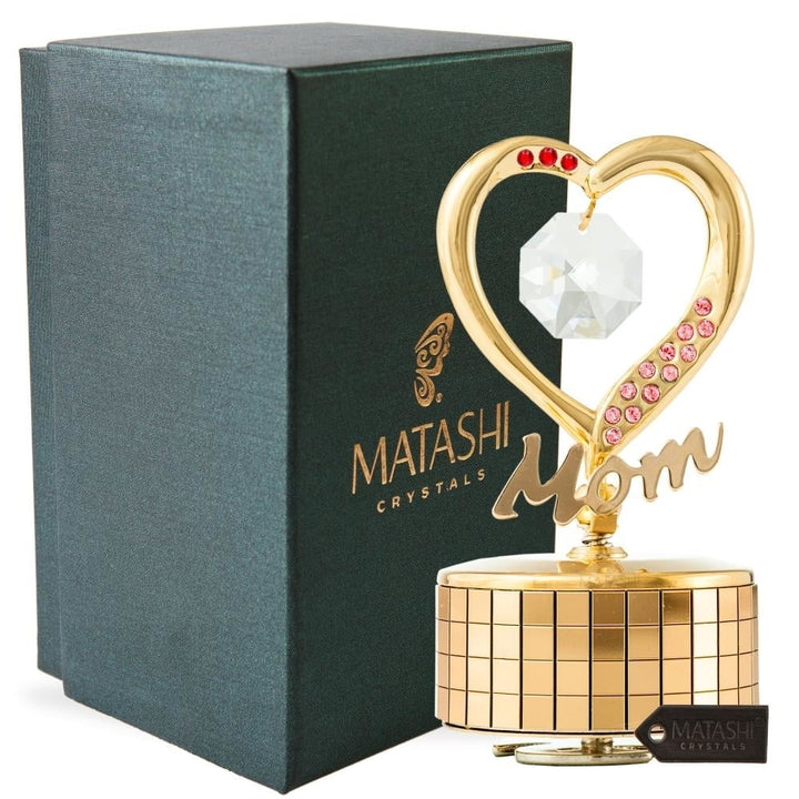 24K Gold Plated Mom Heart Wind-Up Music Box Table Top Ornament with Crystals by Matashi- Love Story Image 1