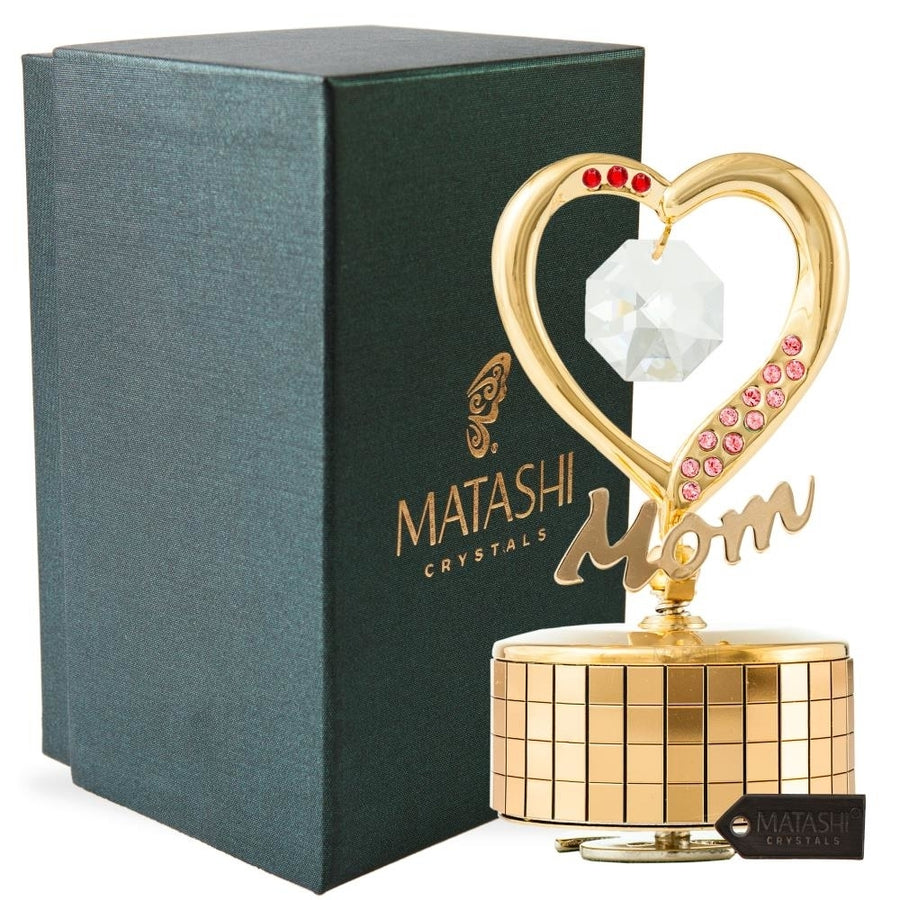 24K Gold Plated Mom Heart Wind-Up Music Box Table Top Ornament with Crystals by Matashi- Amazing Grace Image 1