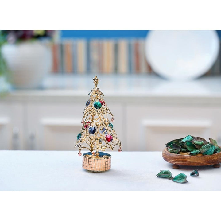 24K Gold Plated Christmas Tree Wind-Up Music Box Table Top Ornament With Matashi Crystals - Deck the Halls Image 4