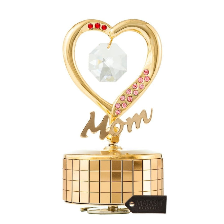 24K Gold Plated Mom Heart Wind-Up Music Box Table Top Ornament with Crystals by Matashi- Amazing Grace Image 2