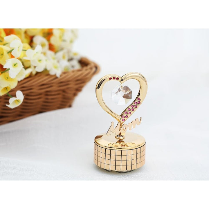 24K Gold Plated Mom Heart Wind-Up Music Box Table Top Ornament with Crystals by Matashi- Amazing Grace Image 3