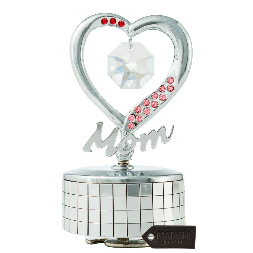 Chrome Plated Mom Heart Wind-Up Music Box Table Top Ornament with Crystals by Matashi- Amazing Grace Image 2