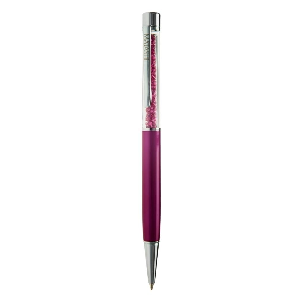 Pink Themed Chrome Plated Comfort Grip Ballpoint Pen with Pink Crystal Filled Top and Matashi Etching Image 1