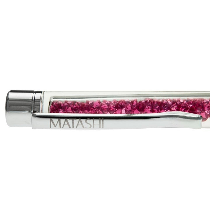 Pink Themed Chrome Plated Comfort Grip Ballpoint Pen with Pink Crystal Filled Top and Matashi Etching Image 2