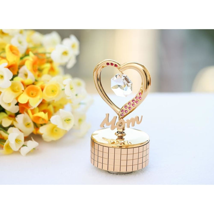 24K Gold Plated Mom Heart Wind-Up Music Box Table Top Ornament with Crystals by Matashi- Amazing Grace Image 4