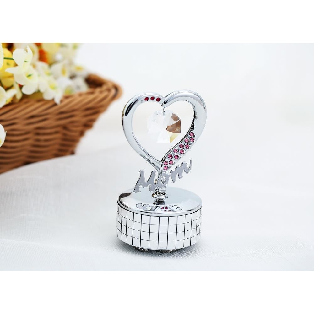 Chrome Plated Mom Heart Wind-Up Music Box Table Top Ornament with Crystals by Matashi- Amazing Grace Image 3